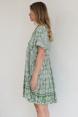 Abilia Mini Dress - Mandarin Collar Smock Dress in Harley Print Green