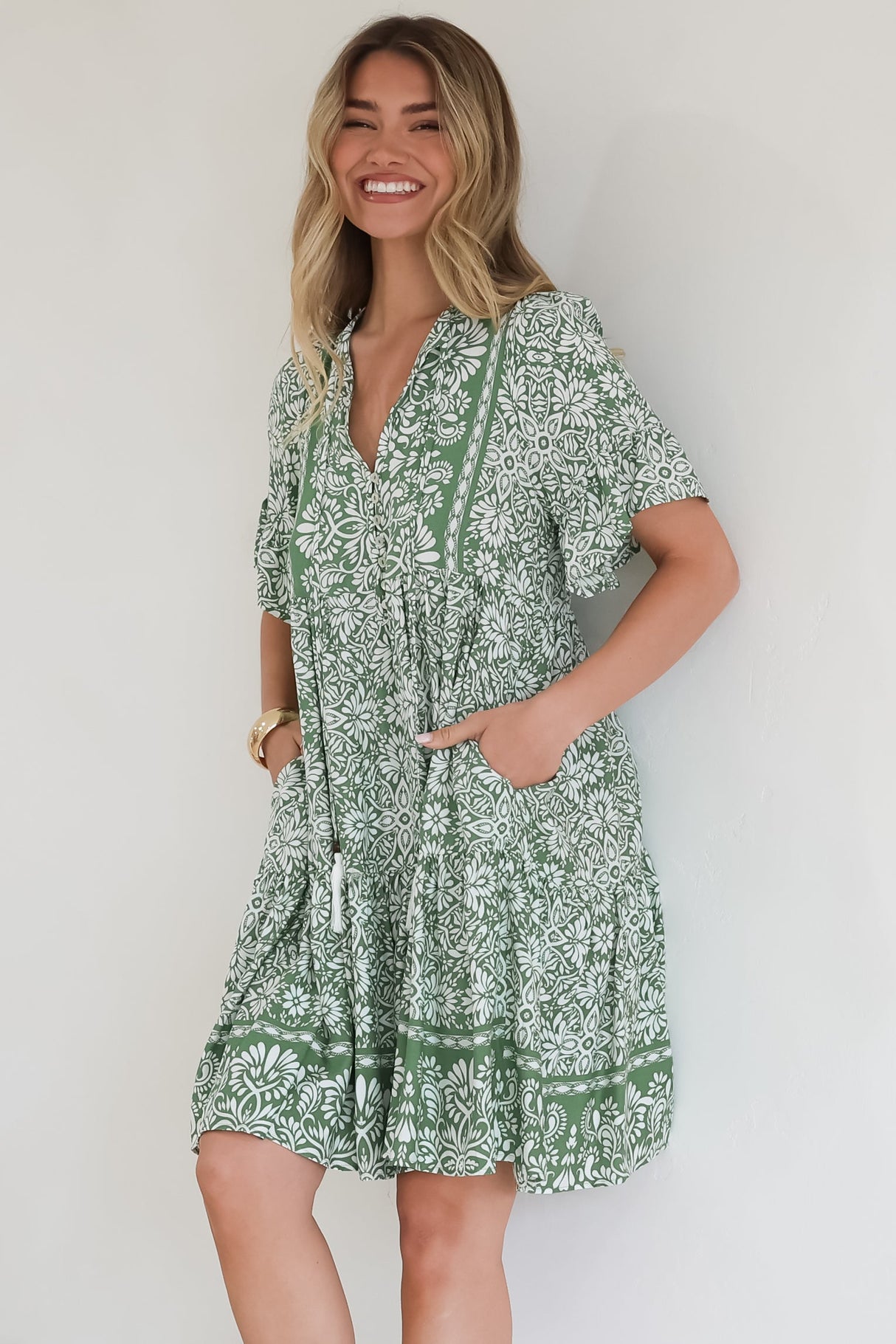 Abilia Mini Dress - Mandarin Collar Smock Dress in Harley Print Green