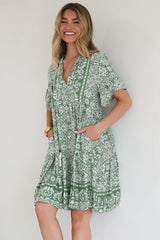 Abilia Mini Dress - Mandarin Collar Smock Dress in Harley Print Green