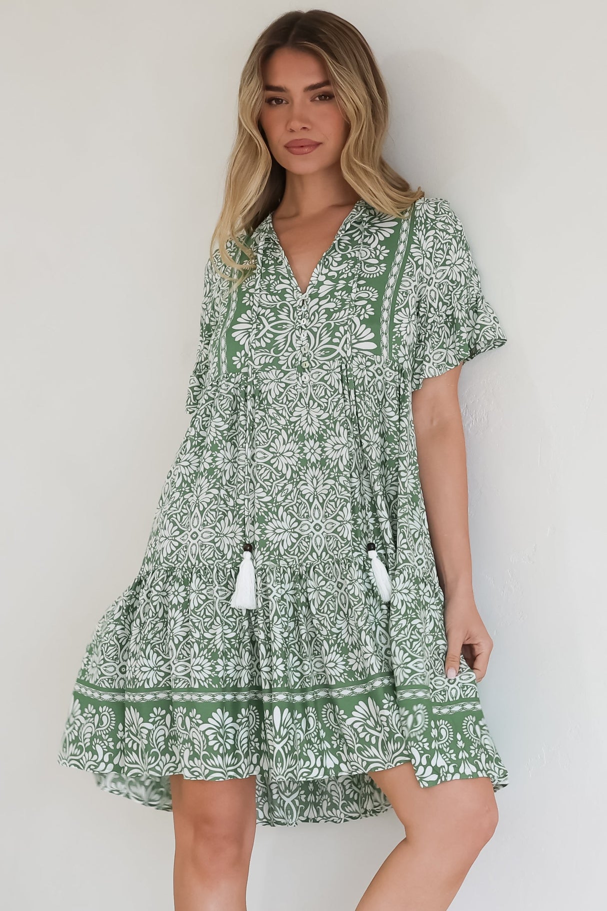 Abilia Mini Dress - Mandarin Collar Smock Dress in Harley Print Green