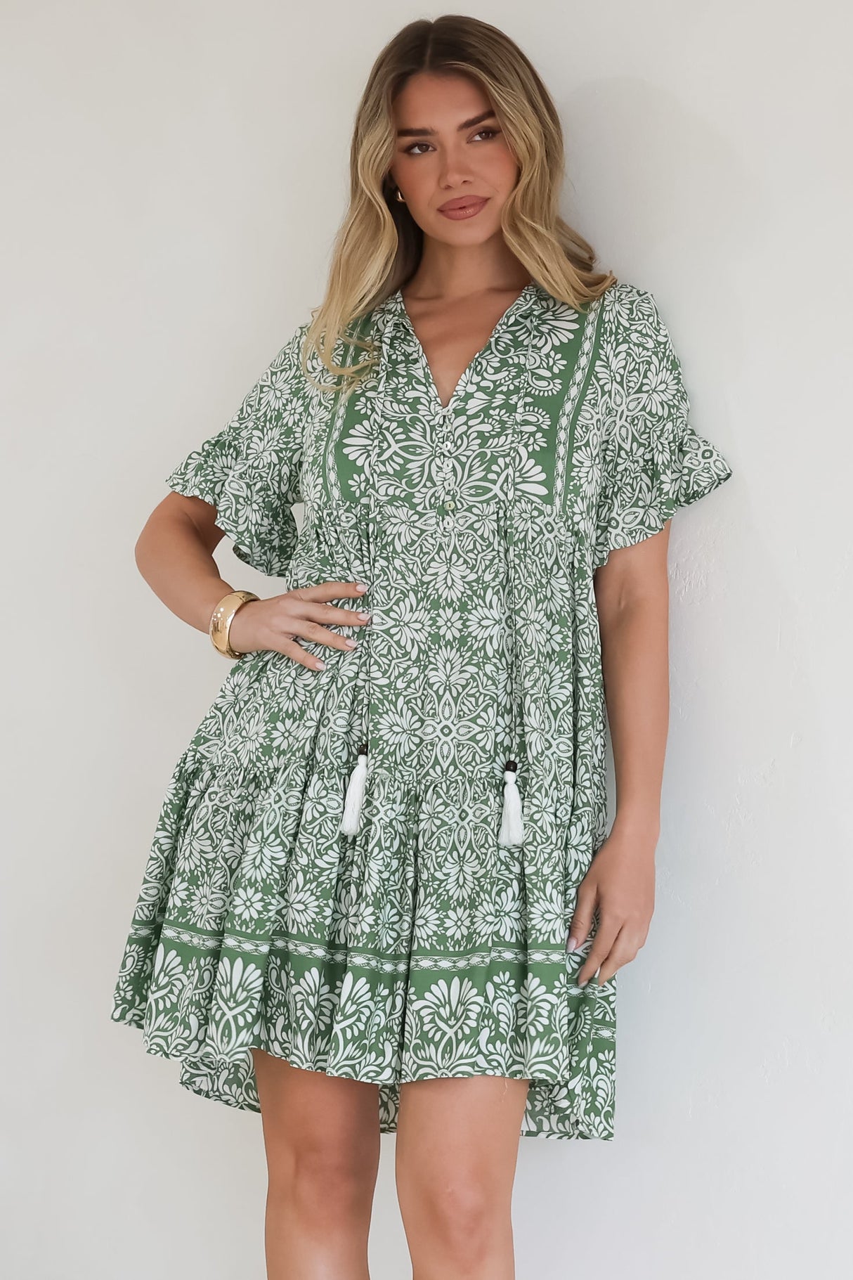 Abilia Mini Dress - Mandarin Collar Smock Dress in Harley Print Green
