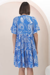 Abilia Mini Dress - Mandarin Collar Buttoned Bodice Smock Dress in Havanna Print in Blue