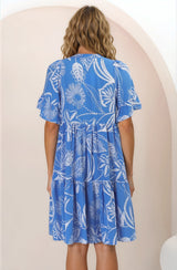 Abilia Mini Dress - Mandarin Collar Buttoned Bodice Smock Dress in Havanna Print in Blue
