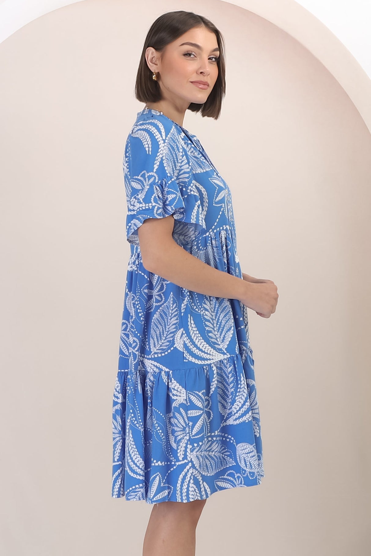 Abilia Mini Dress - Mandarin Collar Buttoned Bodice Smock Dress in Havanna Print in Blue