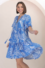 Abilia Mini Dress - Mandarin Collar Buttoned Bodice Smock Dress in Havanna Print in Blue