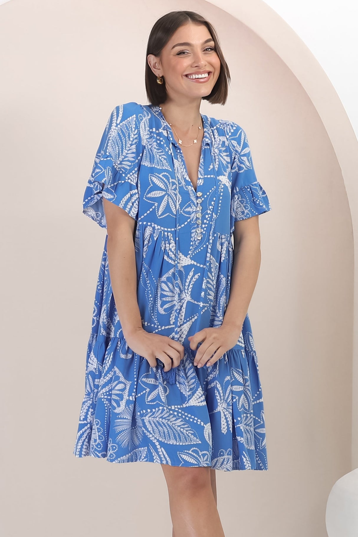 Abilia Mini Dress - Mandarin Collar Buttoned Bodice Smock Dress in Havanna Print in Blue