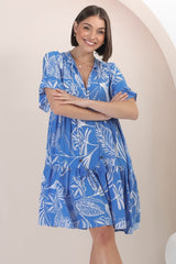 Abilia Mini Dress - Mandarin Collar Buttoned Bodice Smock Dress in Havanna Print in Blue