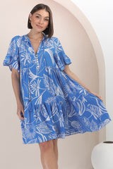 Abilia Mini Dress - Mandarin Collar Buttoned Bodice Smock Dress in Havanna Print in Blue