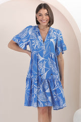 Abilia Mini Dress - Mandarin Collar Buttoned Bodice Smock Dress in Havanna Print in Blue