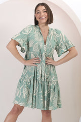 Abilia Mini Dress - Mandarin Collar Buttoned Bodice Smock Dress in Havanna Print in Green