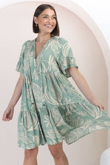 Abilia Mini Dress - Mandarin Collar Buttoned Bodice Smock Dress in Havanna Print in Green