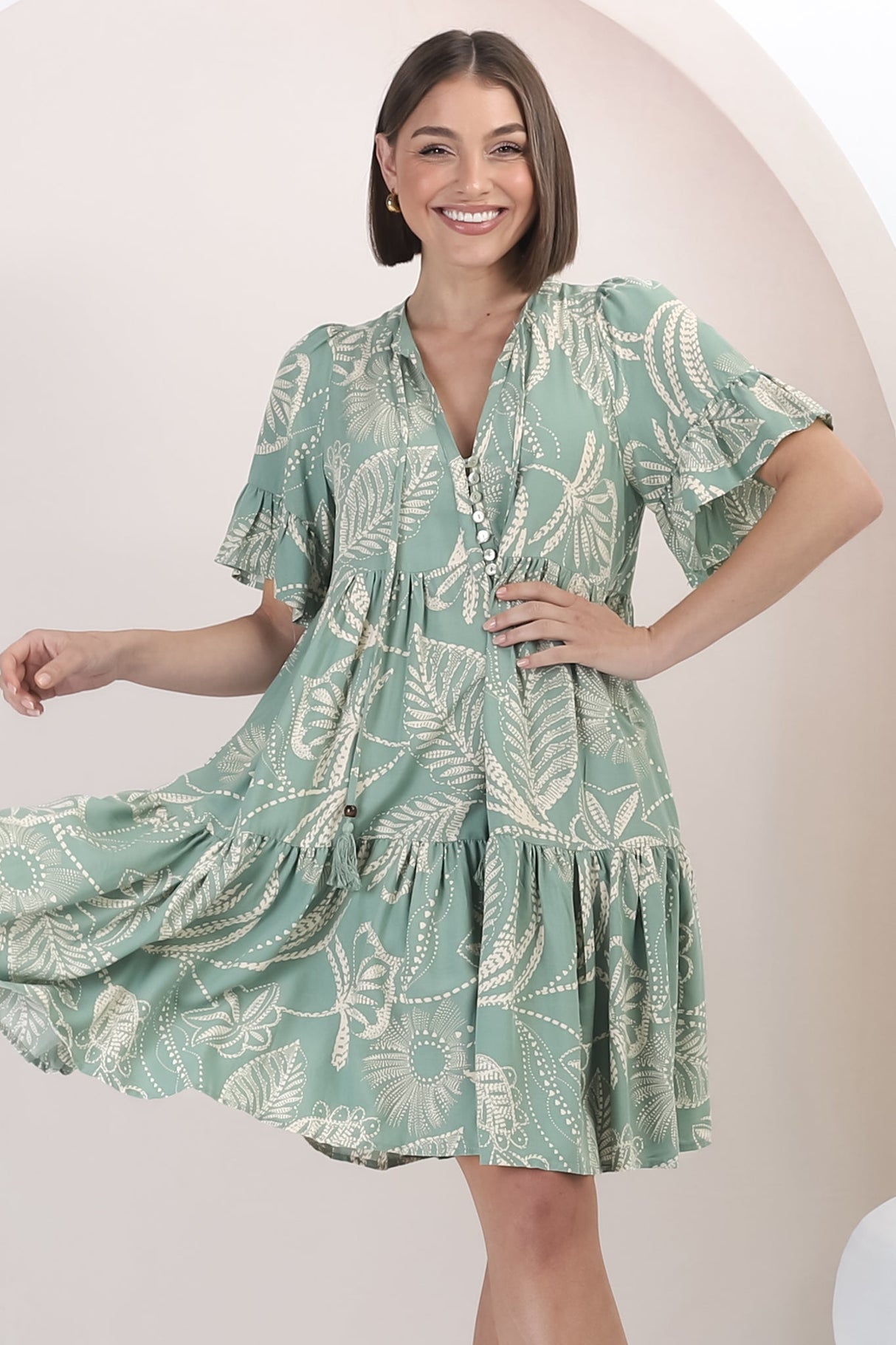 Abilia Mini Dress - Mandarin Collar Buttoned Bodice Smock Dress in Havanna Print in Green