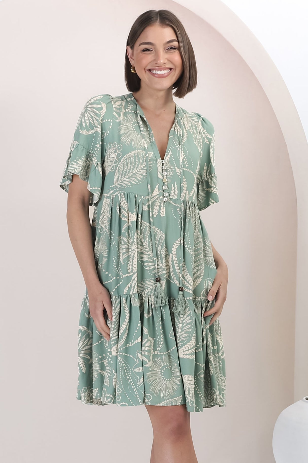 Abilia Mini Dress - Mandarin Collar Buttoned Bodice Smock Dress in Havanna Print in Green