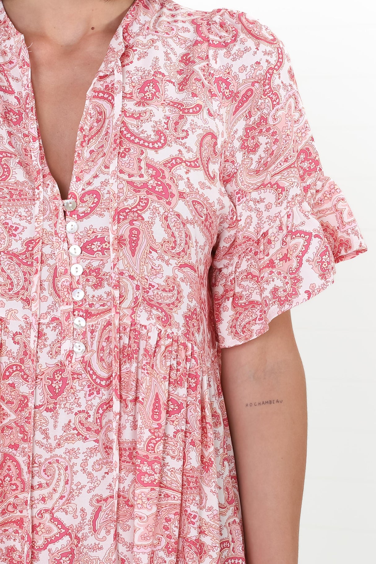 Abilia Mini Dress - Mandarin Collar Smock Dress in Henrietta Print Pink