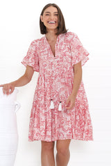 Abilia Mini Dress - Mandarin Collar Smock Dress in Henrietta Print Pink