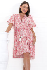 Abilia Mini Dress - Mandarin Collar Smock Dress in Henrietta Print Pink