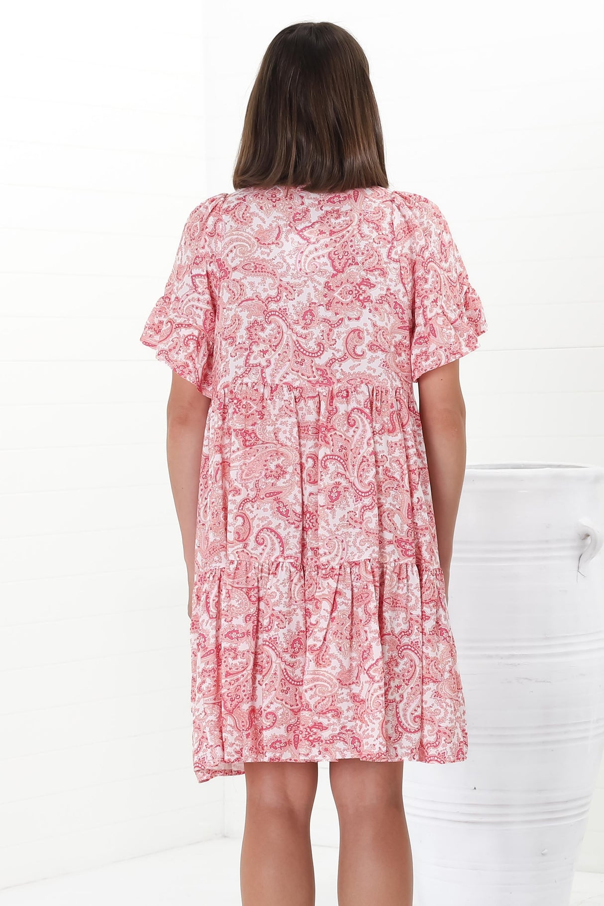 Abilia Mini Dress - Mandarin Collar Smock Dress in Henrietta Print Pink