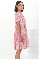 Abilia Mini Dress - Mandarin Collar Smock Dress in Henrietta Print Pink