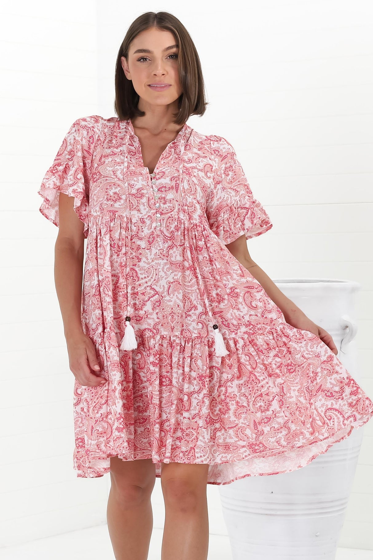 Abilia Mini Dress - Mandarin Collar Smock Dress in Henrietta Print Pink