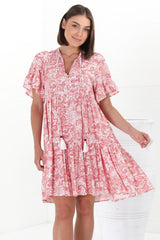 Abilia Mini Dress - Mandarin Collar Smock Dress in Henrietta Print Pink