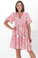 Abilia Mini Dress - Mandarin Collar Smock Dress in Henrietta Print Pink