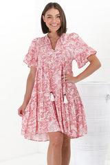 Abilia Mini Dress - Mandarin Collar Smock Dress in Henrietta Print Pink