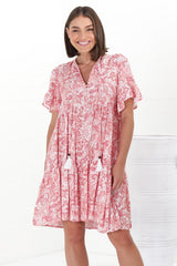 Abilia Mini Dress - Mandarin Collar Smock Dress in Henrietta Print Pink