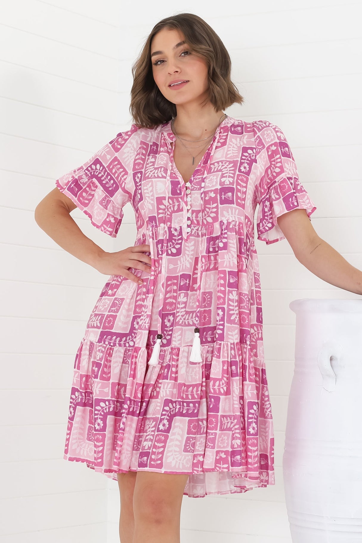 Abilia Mini Dress - Mandarin Collar Smock Dress in Hoku Print Pink