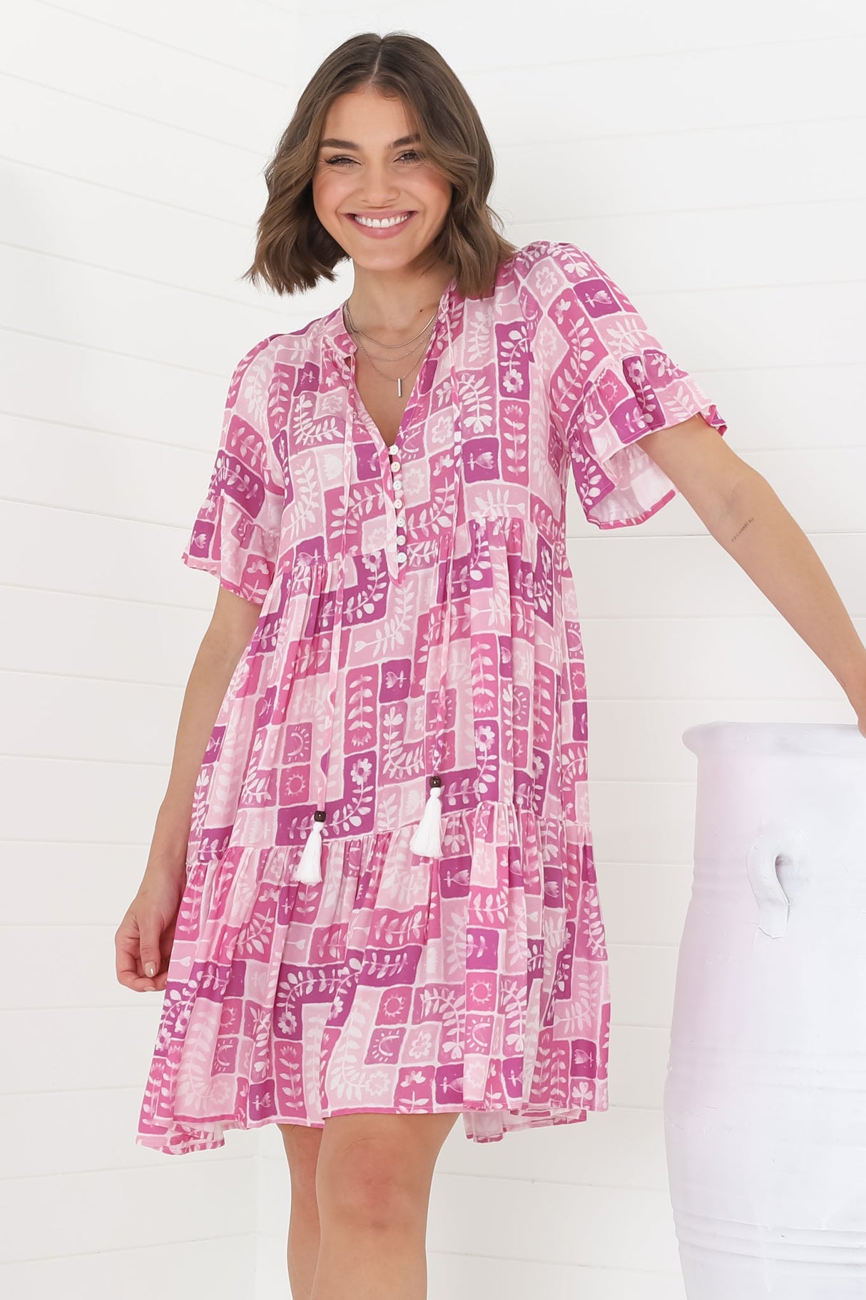 Abilia Mini Dress - Mandarin Collar Smock Dress in Hoku Print Pink