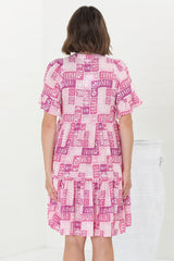 Abilia Mini Dress - Mandarin Collar Smock Dress in Hoku Print Pink