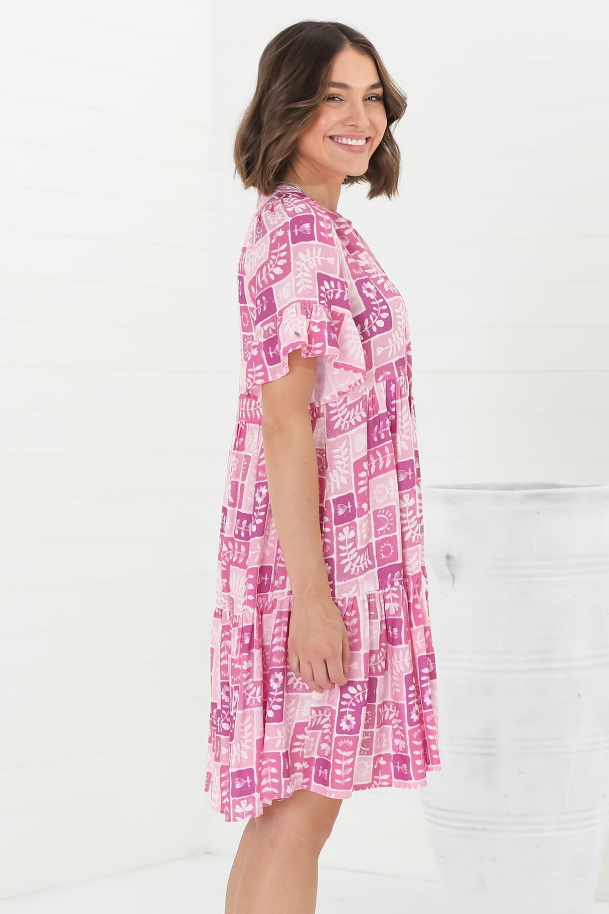 Abilia Mini Dress - Mandarin Collar Smock Dress in Hoku Print Pink