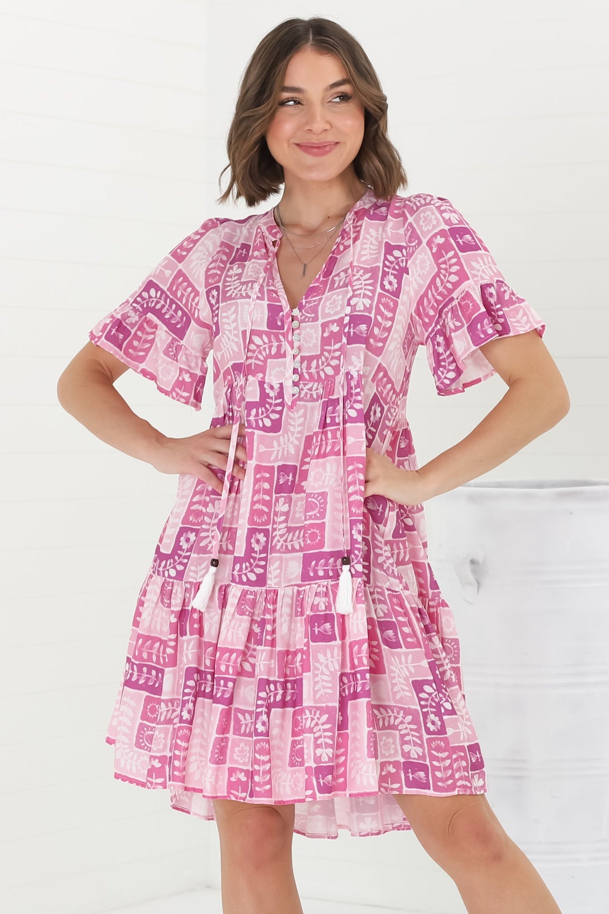 Abilia Mini Dress - Mandarin Collar Smock Dress in Hoku Print Pink