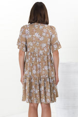 Abilia Mini Dress - Mandarin Collar Smock Dress in Ishaka Print Beige