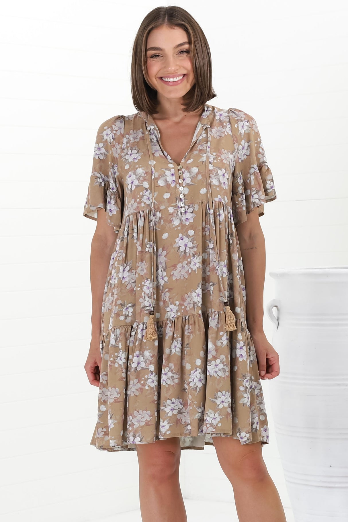 Abilia Mini Dress - Mandarin Collar Smock Dress in Ishaka Print Beige