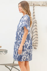 Model wearing Abilia Mini Dress in Izaria Print Blue from Salty Crush
