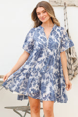 Model wearing Abilia Mini Dress in Izaria Print Blue from Salty Crush
