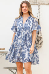 Model wearing Abilia Mini Dress in Izaria Print Blue from Salty Crush