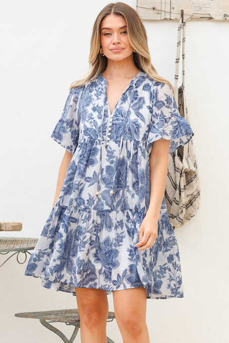 Model wearing Abilia Mini Dress in Izaria Print Blue from Salty Crush