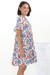 Abilia Mini Dress - Mandarin Collar Buttoned Bodice Smock Dress in Jaiden Print