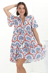 Abilia Mini Dress - Mandarin Collar Buttoned Bodice Smock Dress in Jaiden Print