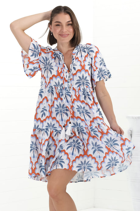 Abilia Mini Dress - Mandarin Collar Buttoned Bodice Smock Dress in Jaiden Print