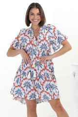 Abilia Mini Dress - Mandarin Collar Buttoned Bodice Smock Dress in Jaiden Print