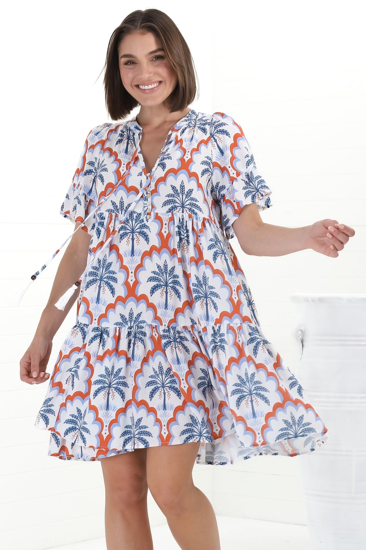 Abilia Mini Dress - Mandarin Collar Buttoned Bodice Smock Dress in Jaiden Print