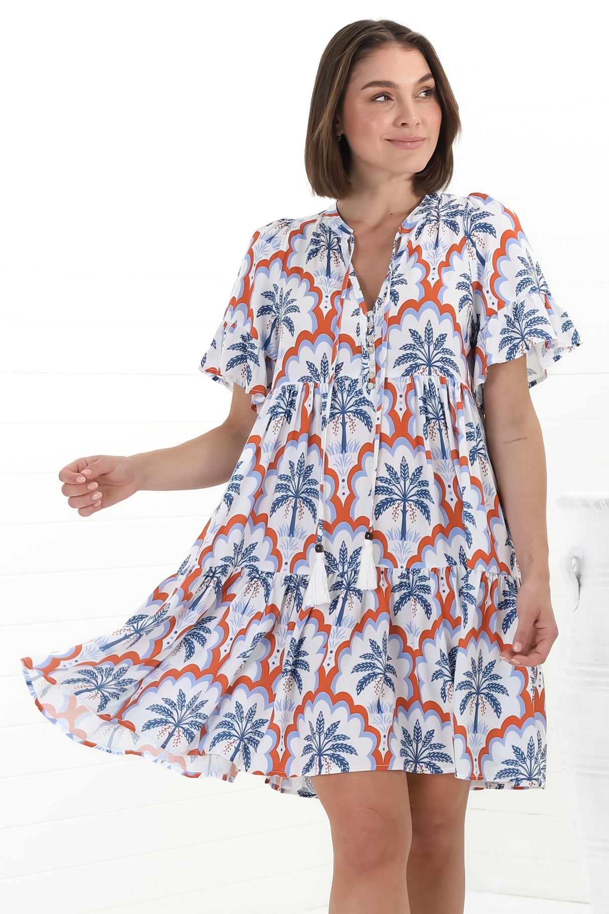 Abilia Mini Dress - Mandarin Collar Buttoned Bodice Smock Dress in Jaiden Print