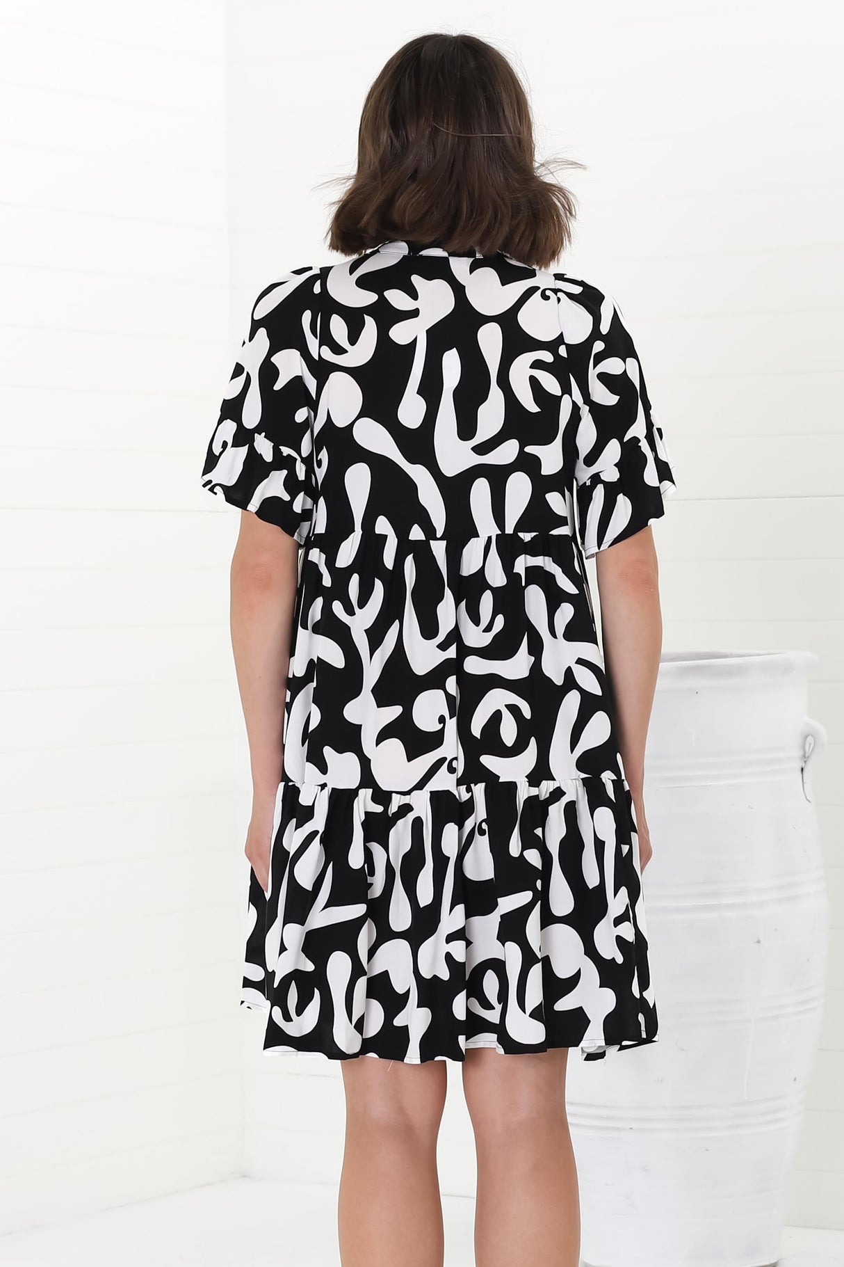 Abilia Mini Dress - Mandarin Collar Smock Dress in Jaxie Print Black