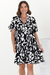 Abilia Mini Dress - Mandarin Collar Smock Dress in Jaxie Print Black