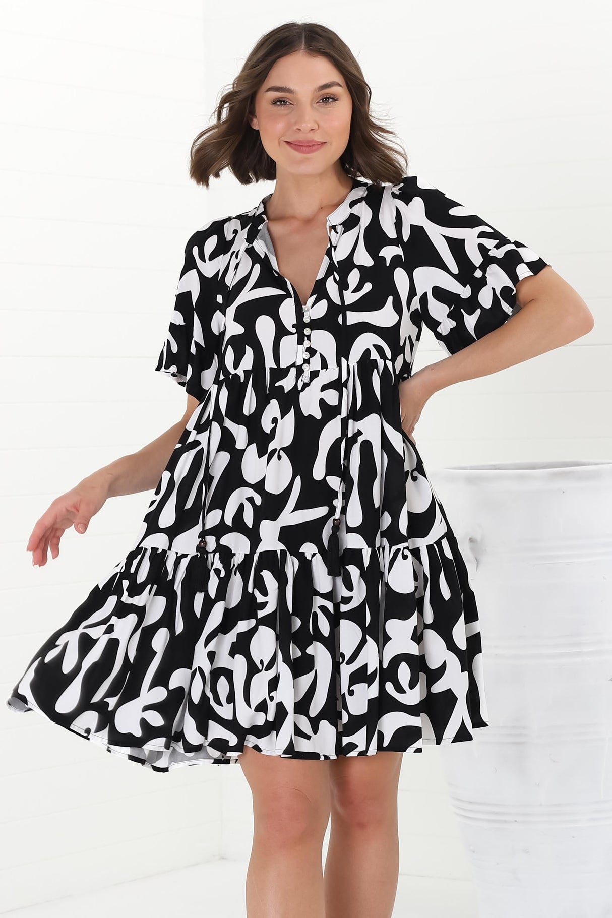 Abilia Mini Dress - Mandarin Collar Smock Dress in Jaxie Print Black