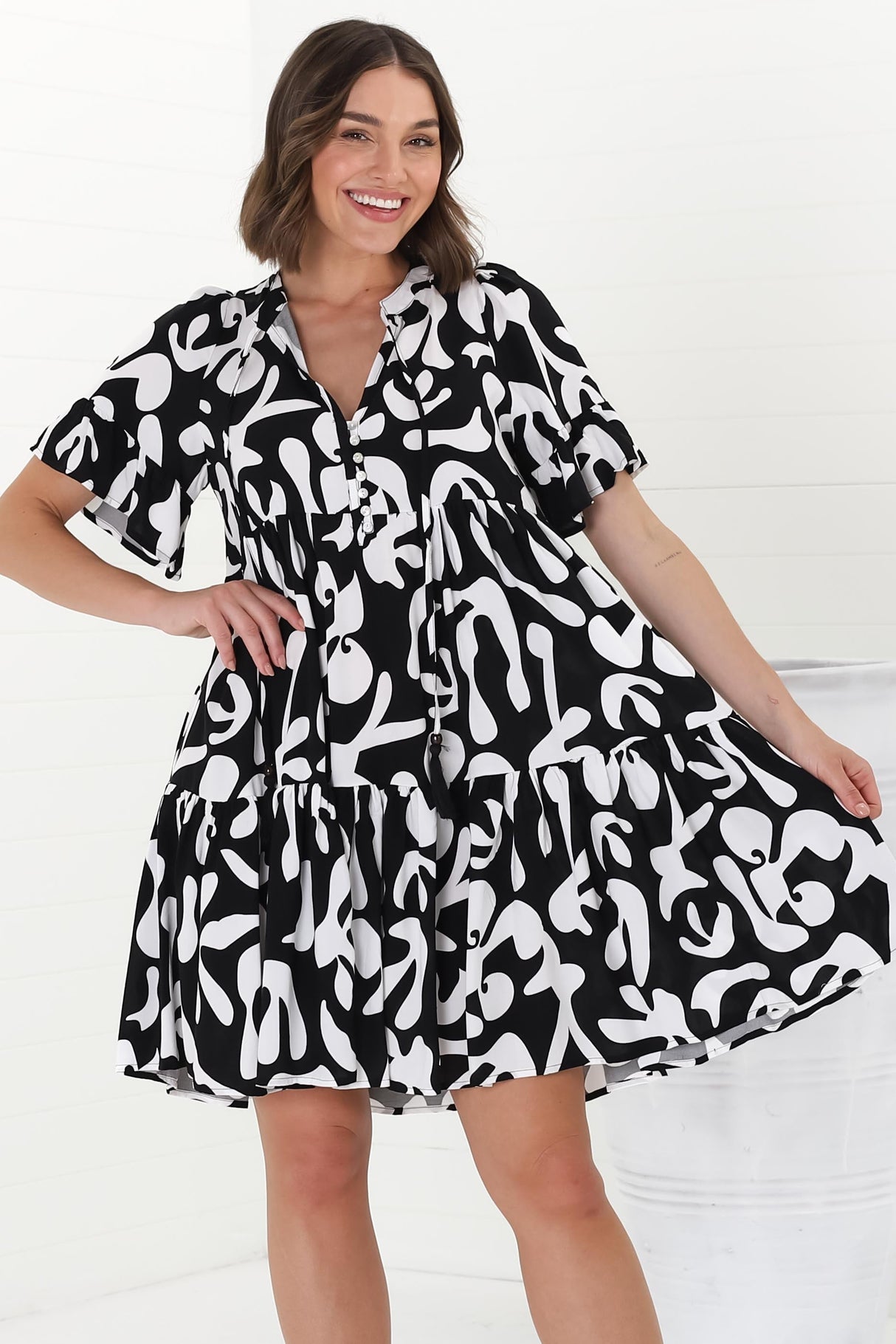 Abilia Mini Dress - Mandarin Collar Smock Dress in Jaxie Print Black