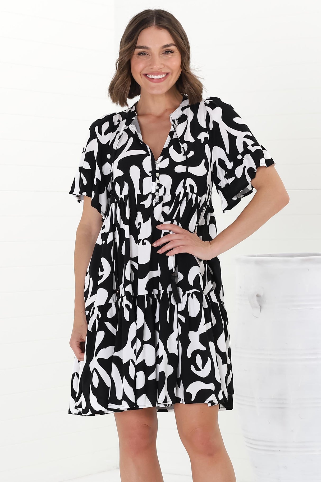 Abilia Mini Dress - Mandarin Collar Smock Dress in Jaxie Print Black