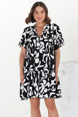 Abilia Mini Dress - Mandarin Collar Smock Dress in Jaxie Print Black